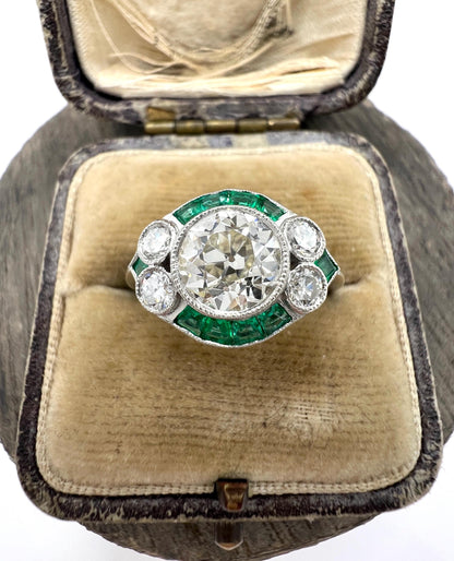 Art Deco Inspired 1.21ct Diamond and Emerald Target Cluster Ring in Platinum