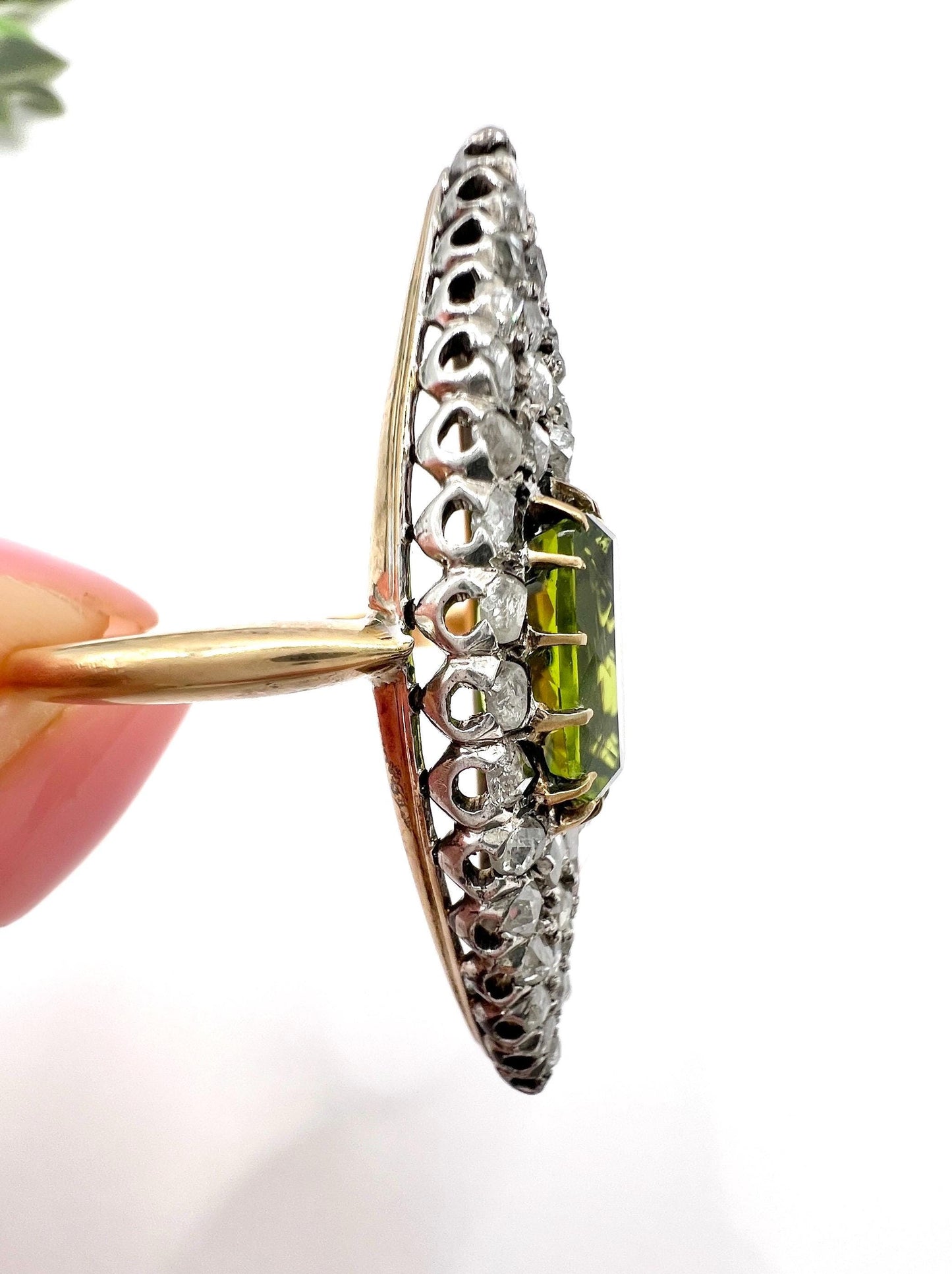 Antique 18ct Yellow Gold French Stamped, Victorian Peridot & Diamond Marquise Ring