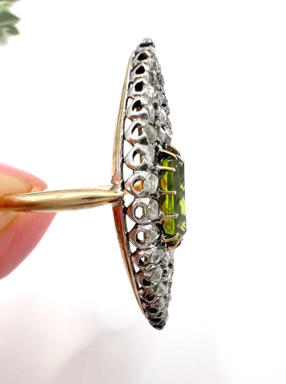 Antique 18ct Yellow Gold French Stamped, Victorian Peridot & Diamond Marquise Ring