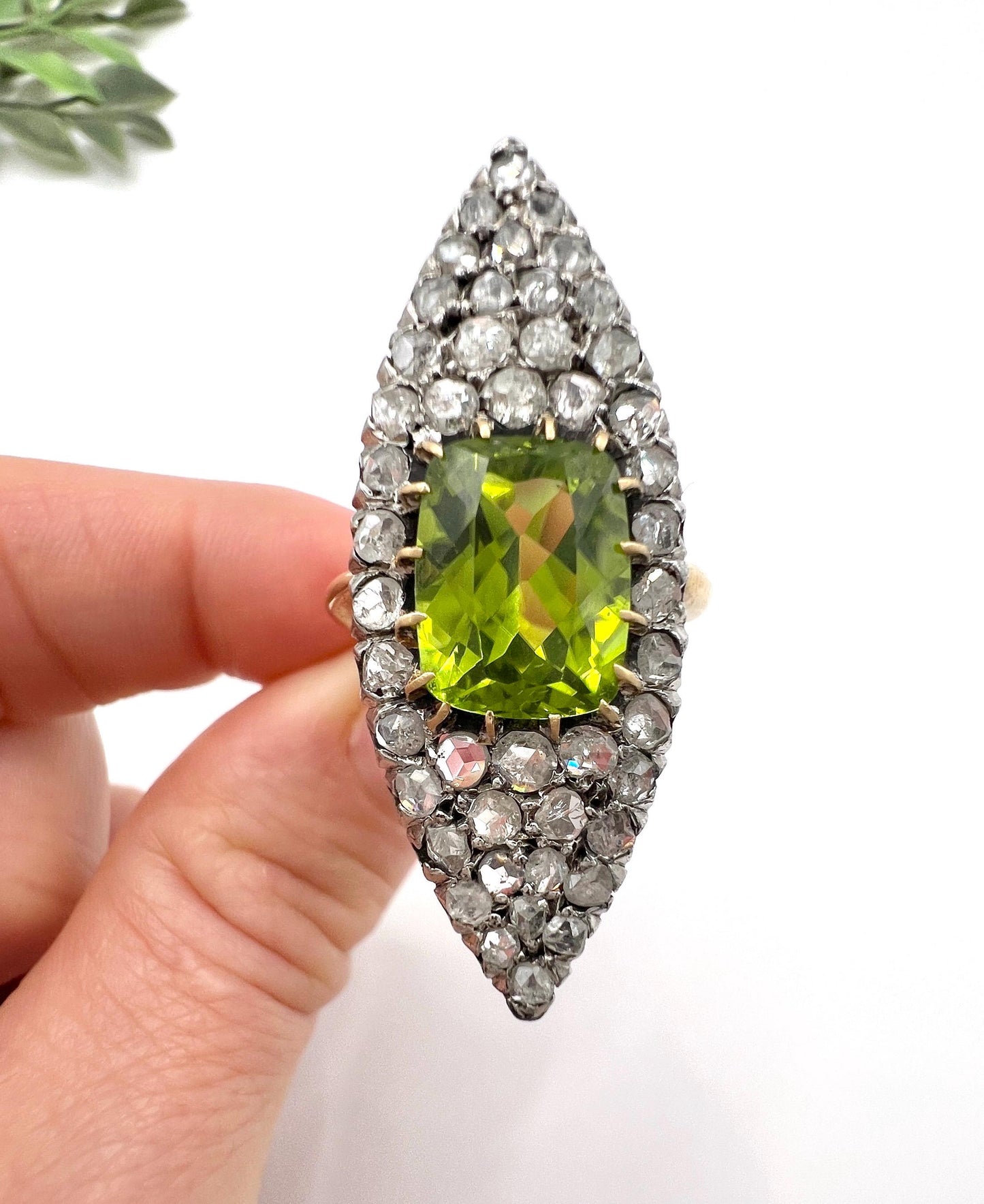 Antique 18ct Yellow Gold French Stamped, Victorian Peridot & Diamond Marquise Ring