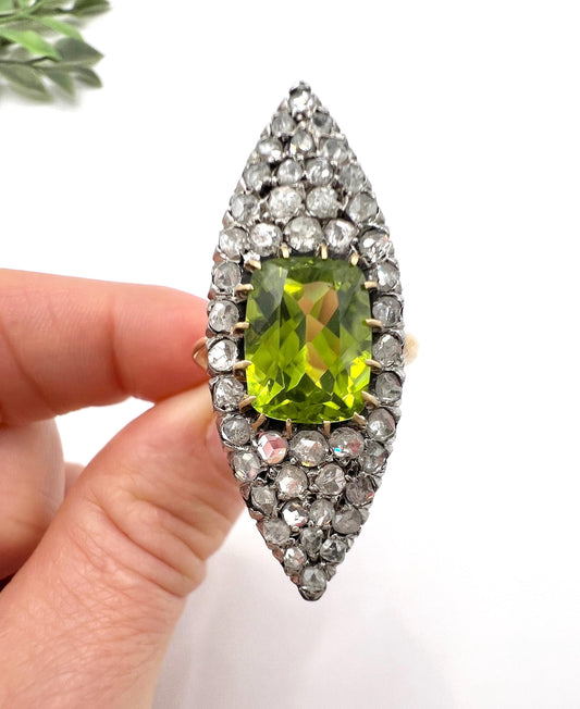 Antique 18ct Yellow Gold French Stamped, Victorian Peridot & Diamond Marquise Ring
