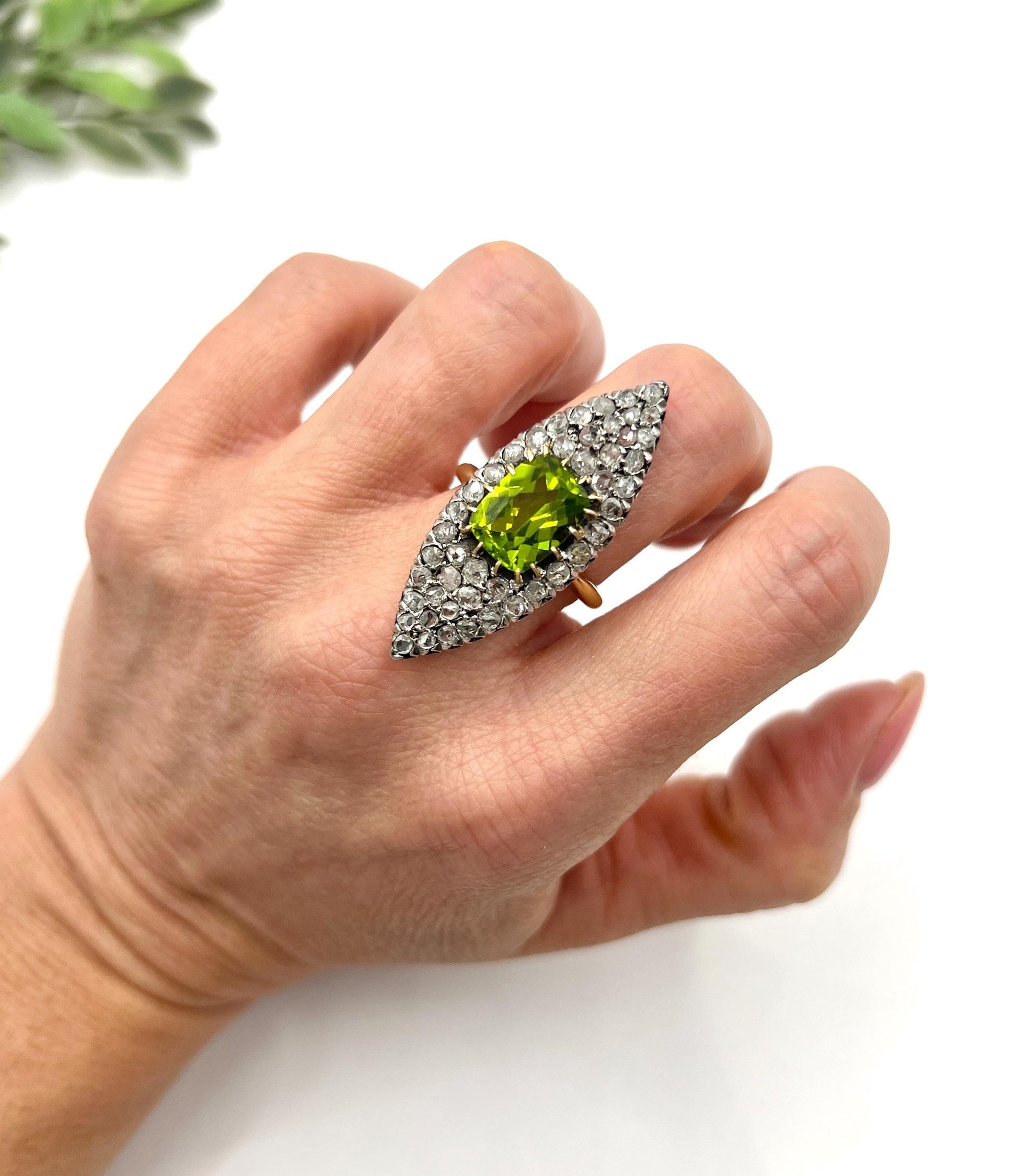 Antique 18ct Yellow Gold French Stamped, Victorian Peridot & Diamond Marquise Ring