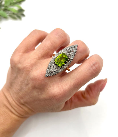 Antique 18ct Yellow Gold French Stamped, Victorian Peridot & Diamond Marquise Ring