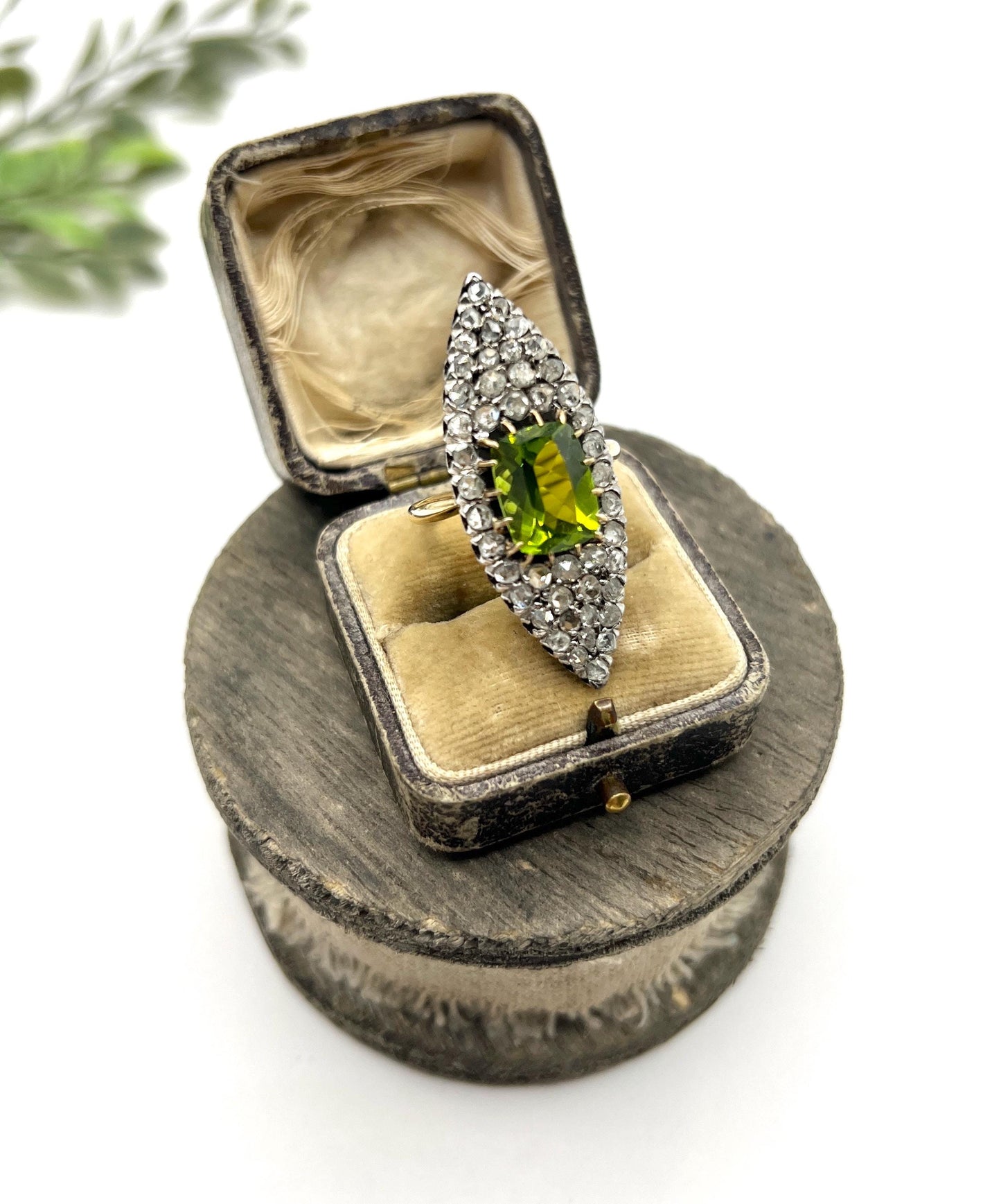 Antique 18ct Yellow Gold French Stamped, Victorian Peridot & Diamond Marquise Ring