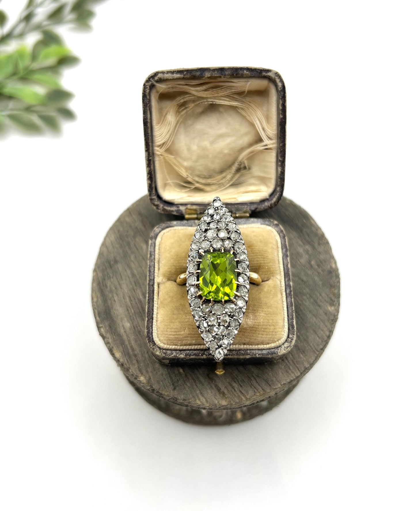 Antique 18ct Yellow Gold French Stamped, Victorian Peridot & Diamond Marquise Ring