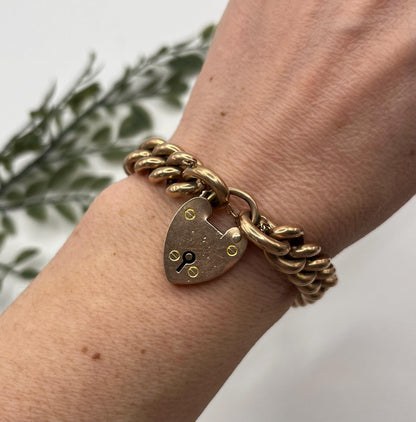 Antique Edwardian 9 ct Rose Gold Curb Bracelet With Heart Padlock