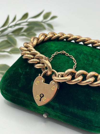 Antique 9ct Rose Gold Curb Bracelet: Edwardian Heart Padlock
