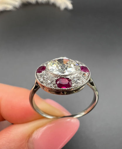 Antique 18ct Gold & Platinum, Original Art Deco Ruby and Diamond Target Ring