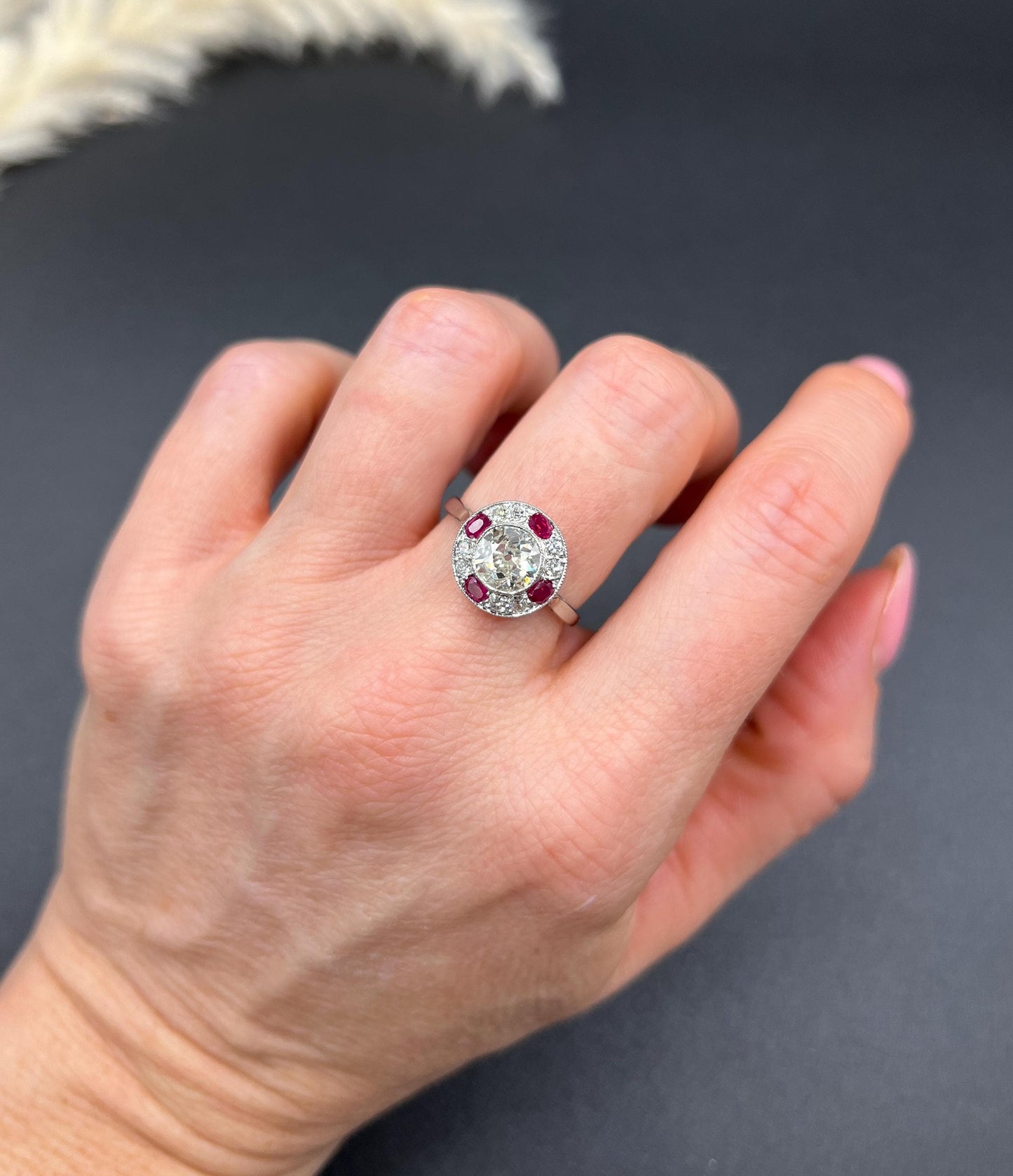 Antique 18ct Gold & Platinum, Original Art Deco Ruby and Diamond Target Ring