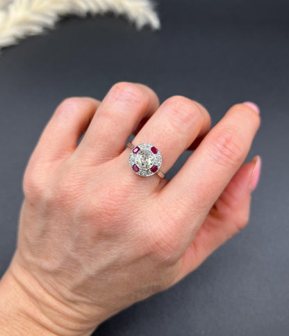 Antique 18ct Gold & Platinum, Original Art Deco Ruby and Diamond Target Ring