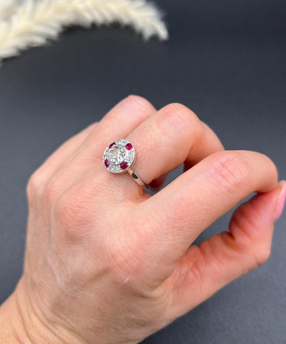 Antique 18ct Gold & Platinum, Original Art Deco Ruby and Diamond Target Ring