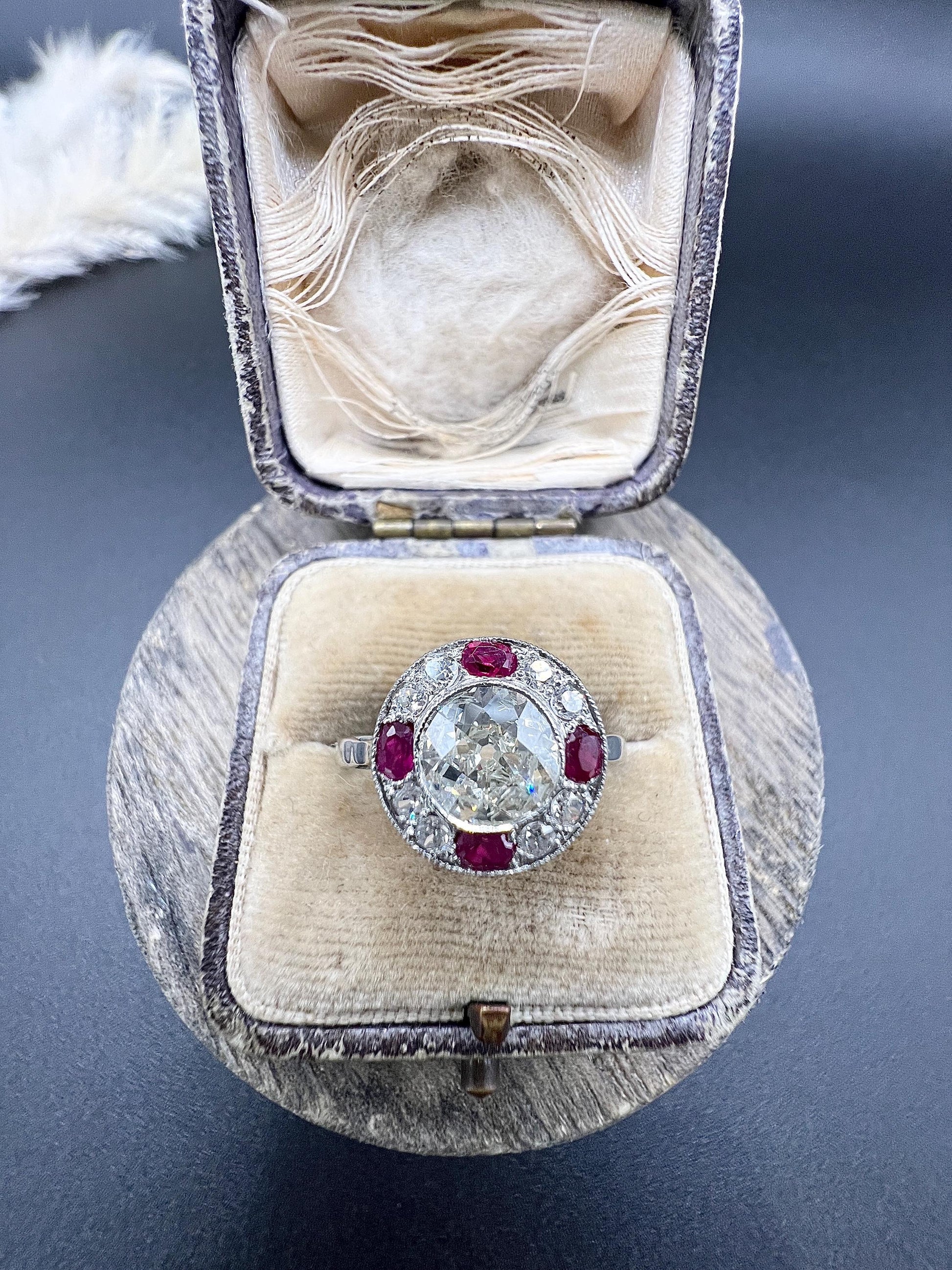 Antique 18ct Gold & Platinum, Original Art Deco Ruby and Diamond Target Ring