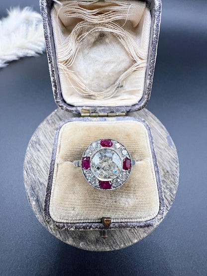Antique 18ct Gold & Platinum, Original Art Deco Ruby and Diamond Target Ring