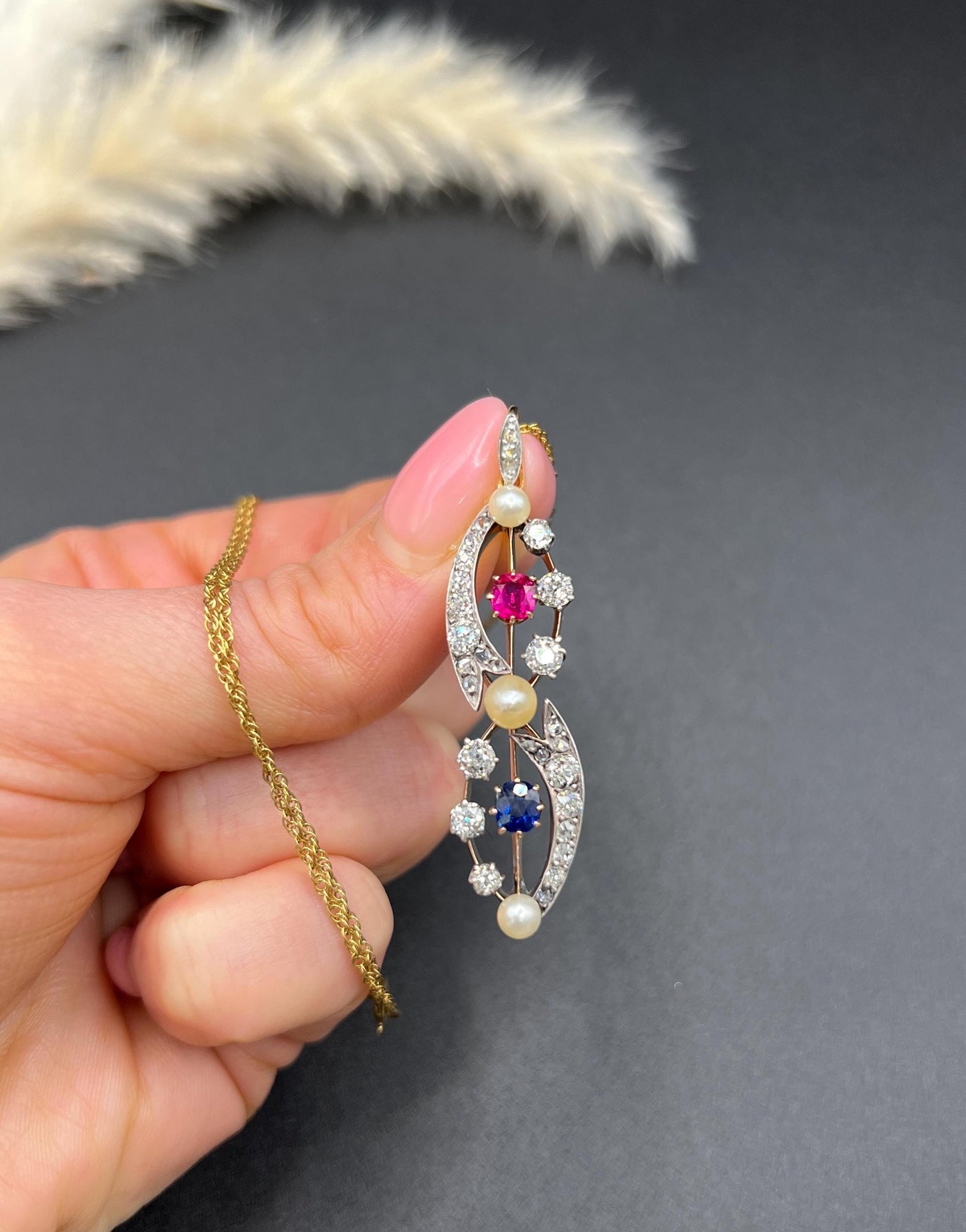 Antique 18ct Gold & Platinum, Victorian Diamond, Sapphire, Ruby and Pearl Figure Eight Pendant Necklace