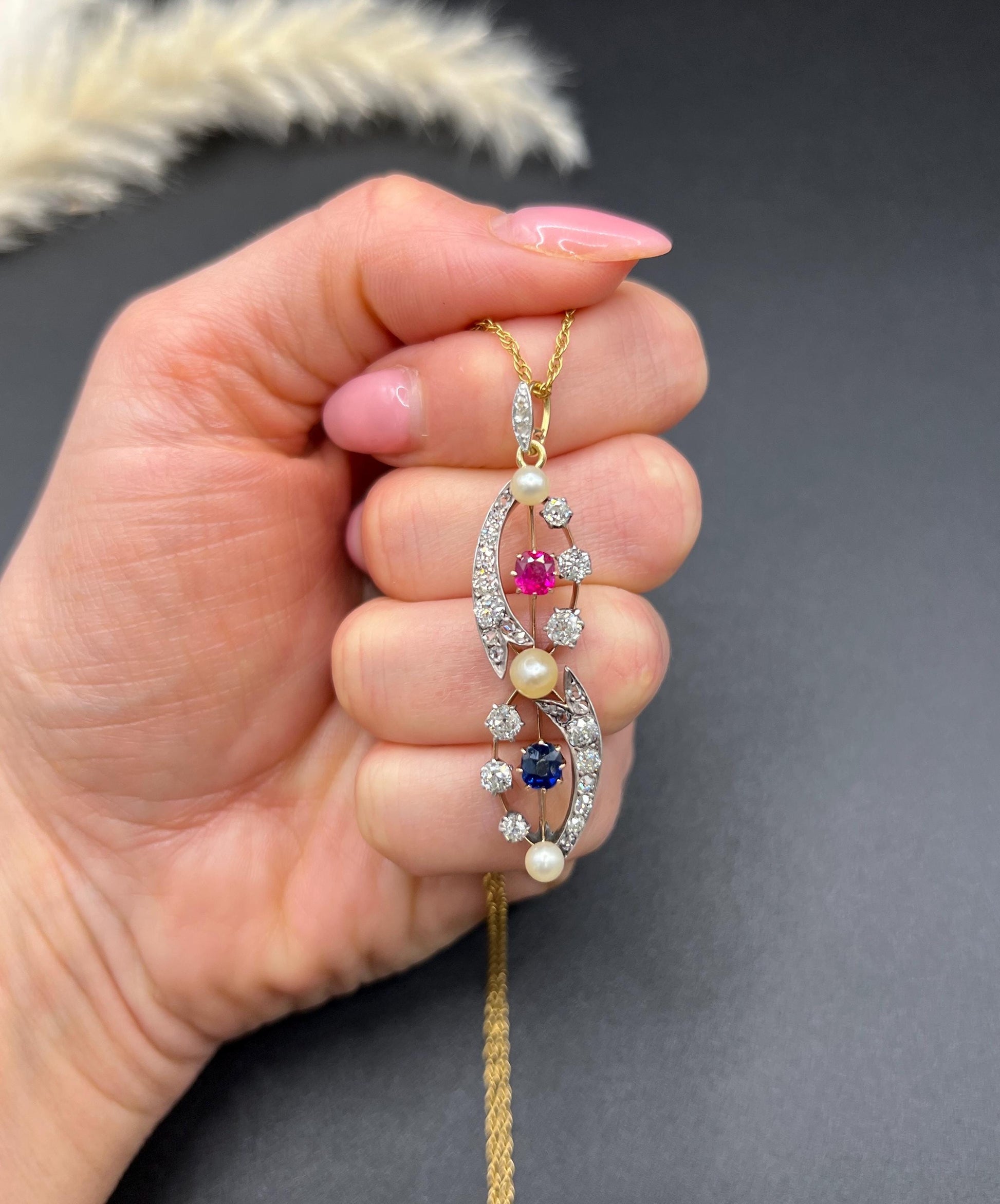 Antique 18ct Gold & Platinum, Victorian Diamond, Sapphire, Ruby and Pearl Figure Eight Pendant Necklace