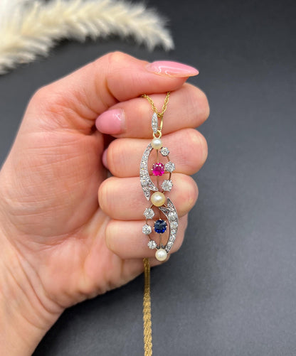 Antique 18ct Gold & Platinum, Victorian Diamond, Sapphire, Ruby and Pearl Figure Eight Pendant Necklace