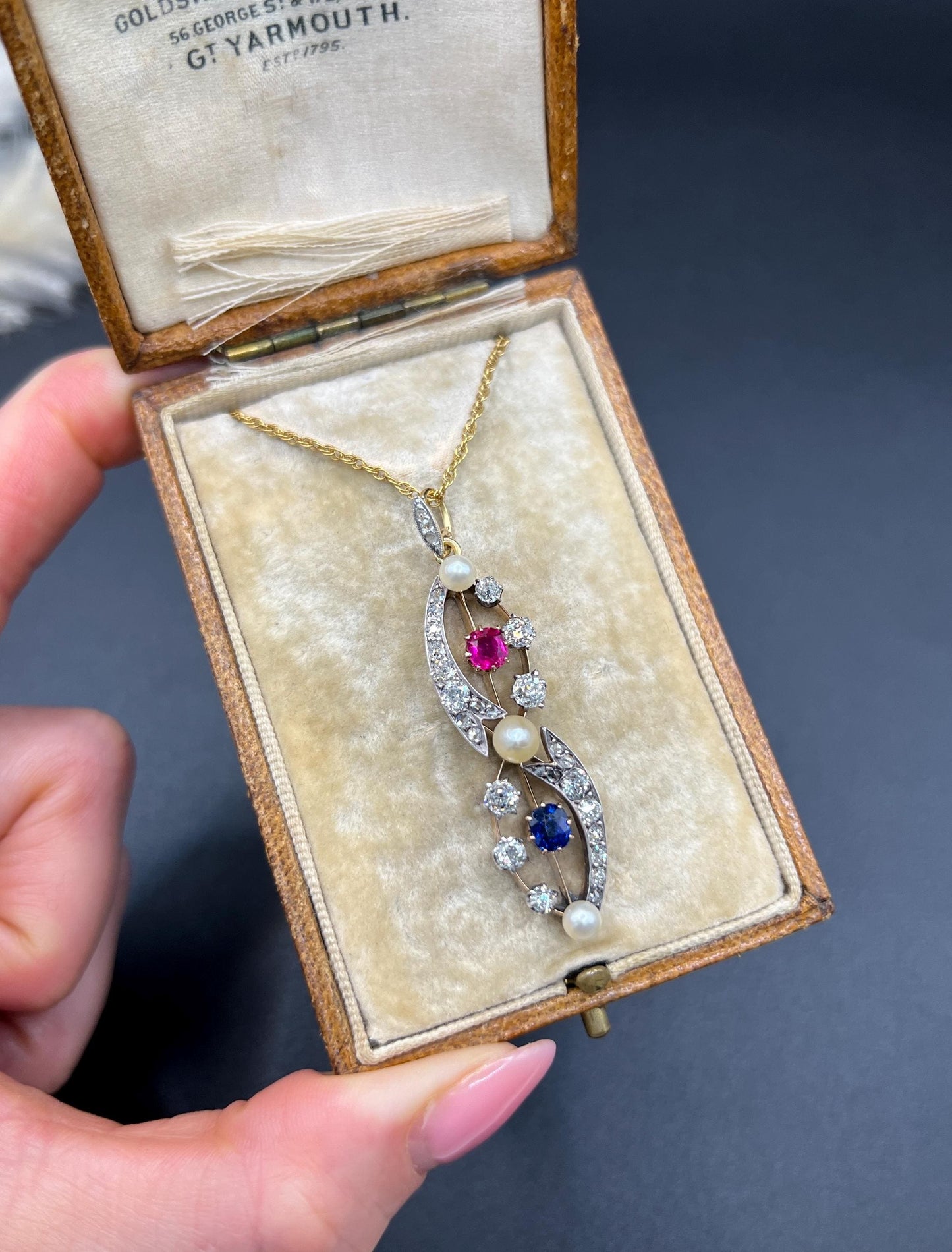 Antique 18ct Gold & Platinum, Victorian Diamond, Sapphire, Ruby and Pearl Figure Eight Pendant Necklace