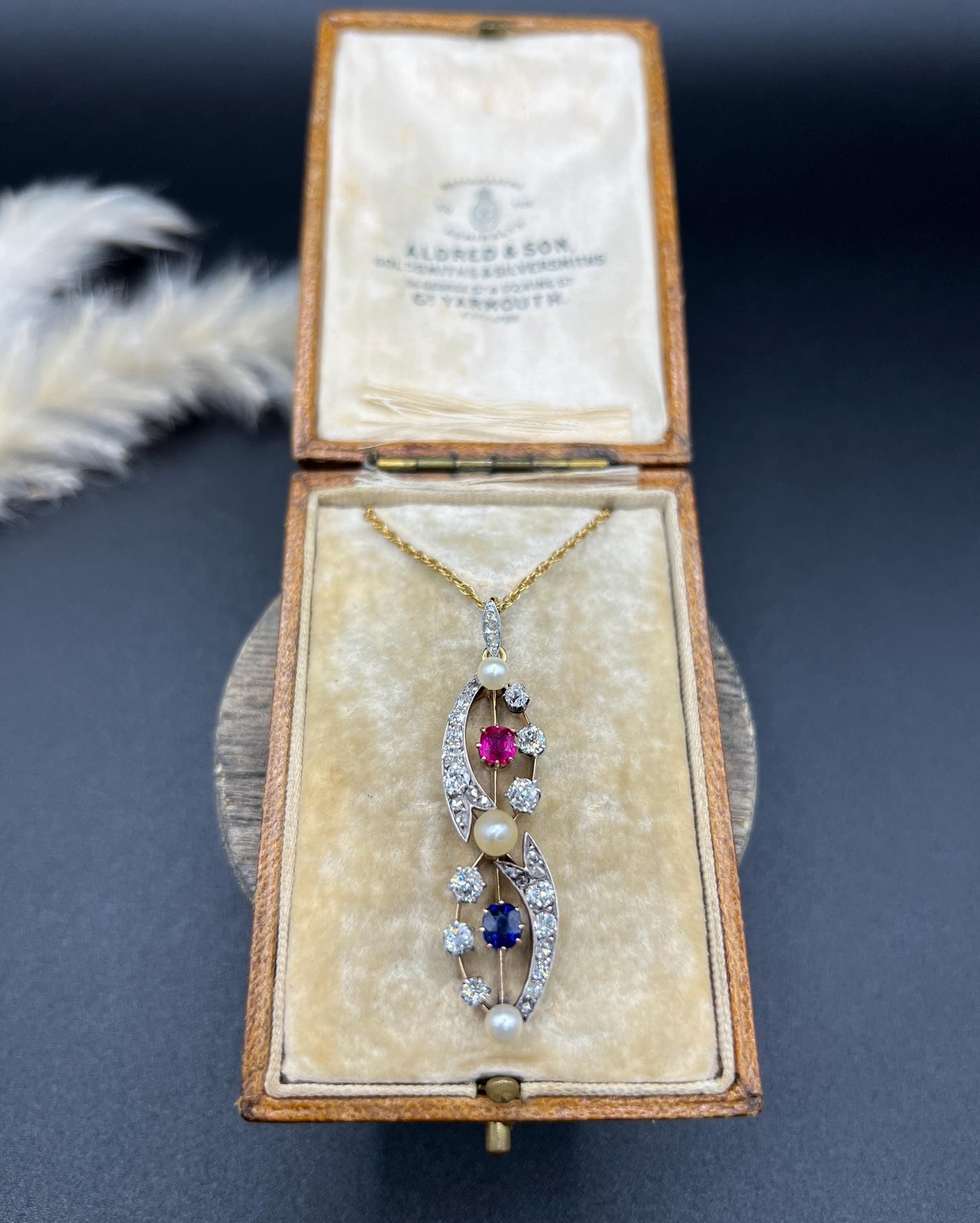 Antique 18ct Gold & Platinum, Victorian Diamond, Sapphire, Ruby and Pearl Figure Eight Pendant Necklace