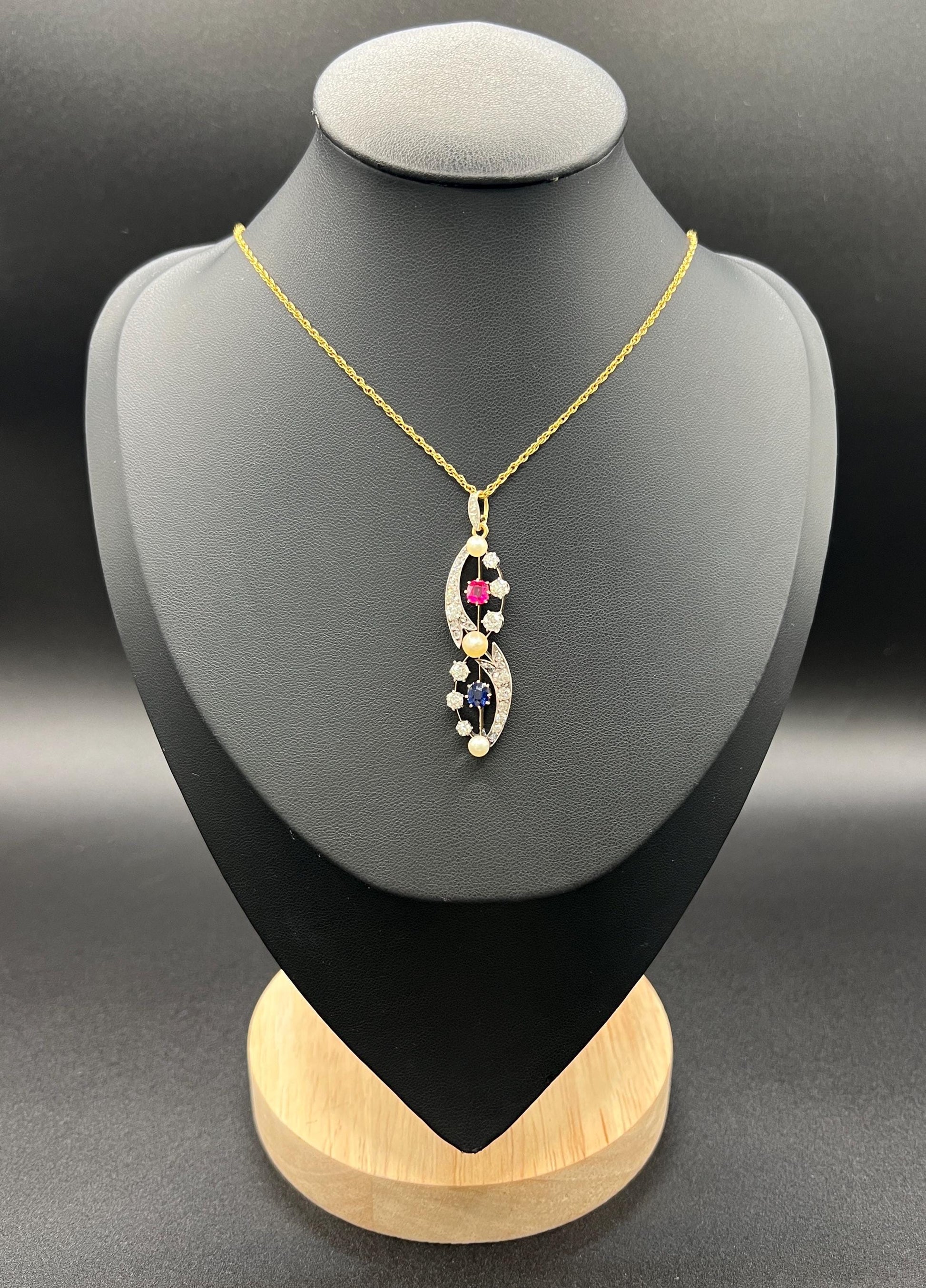 Antique 18ct Gold & Platinum, Victorian Diamond, Sapphire, Ruby and Pearl Figure Eight Pendant Necklace