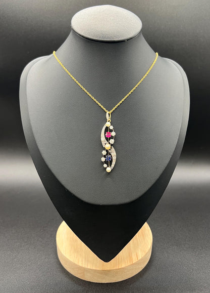 Antique 18ct Gold & Platinum, Victorian Diamond, Sapphire, Ruby and Pearl Figure Eight Pendant Necklace