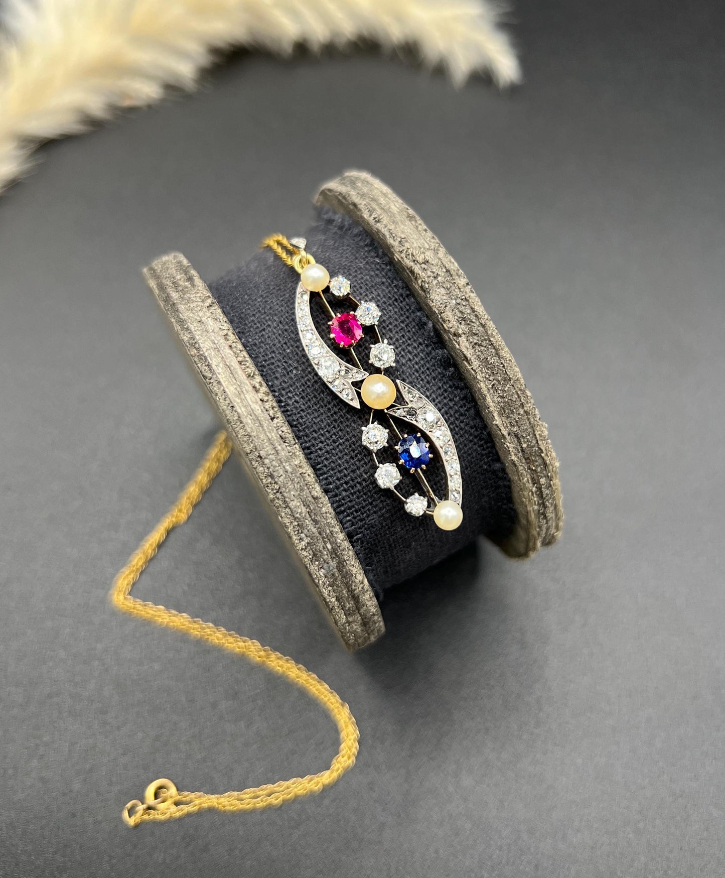 Antique 18ct Gold & Platinum, Victorian Diamond, Sapphire, Ruby and Pearl Figure Eight Pendant Necklace