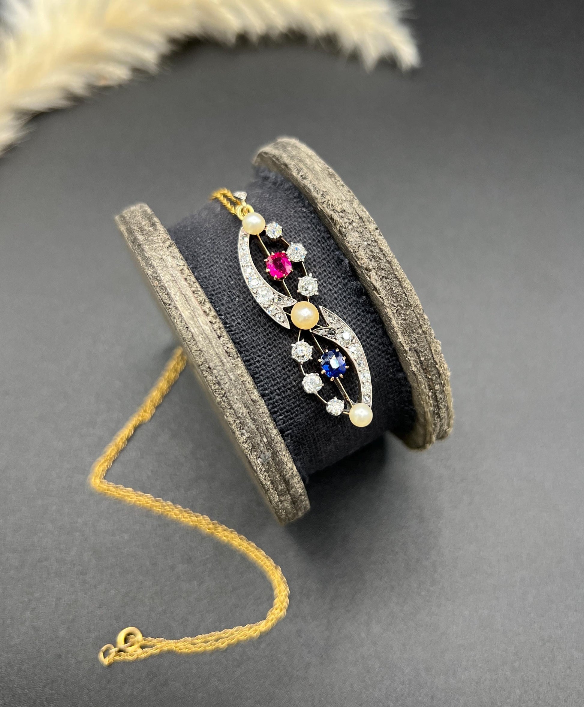 Antique 18ct Gold & Platinum, Victorian Diamond, Sapphire, Ruby and Pearl Figure Eight Pendant Necklace