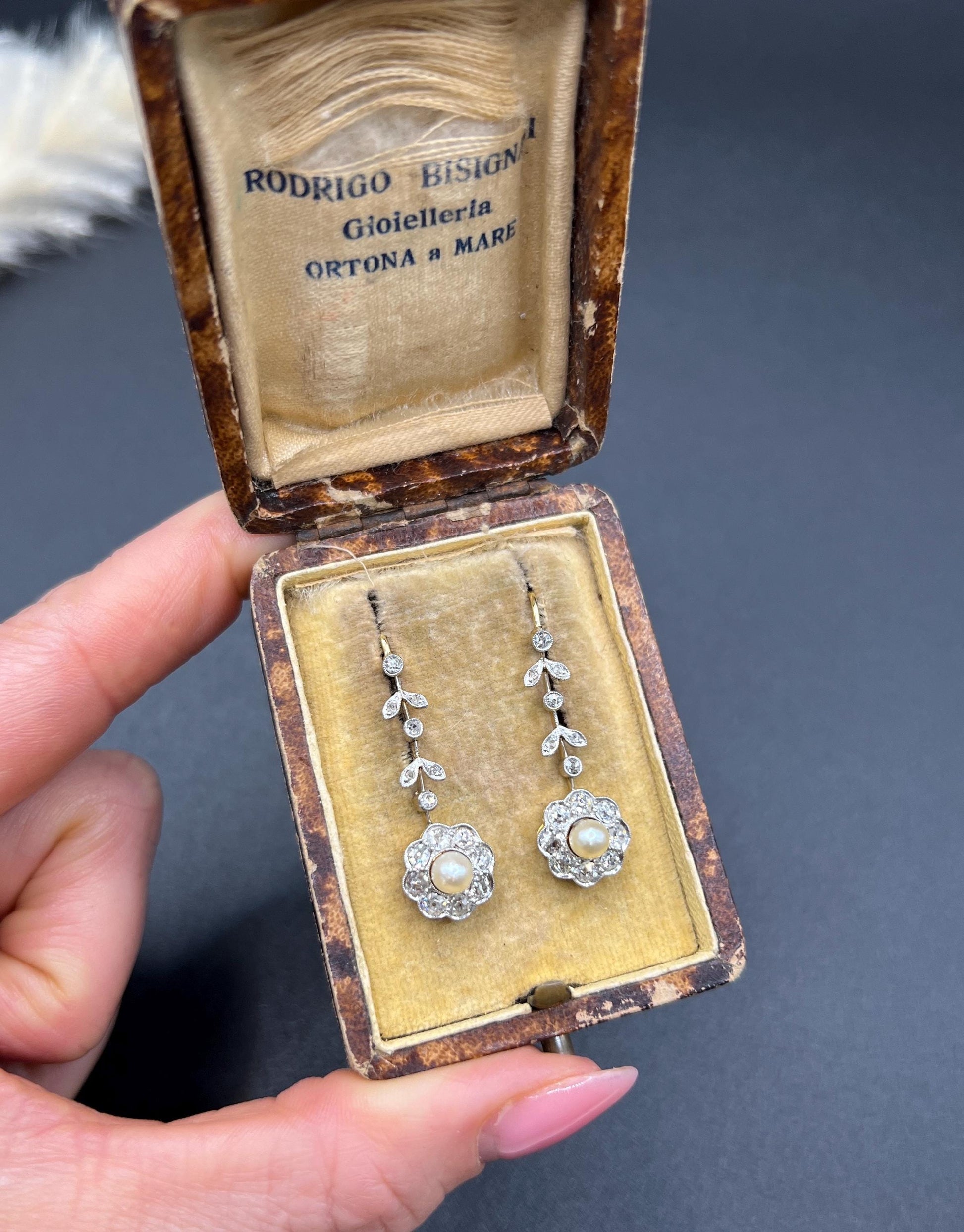 Antique 18ct Gold & Platinum, Edwardian Diamond and Pearl Daisy Drop Earrings