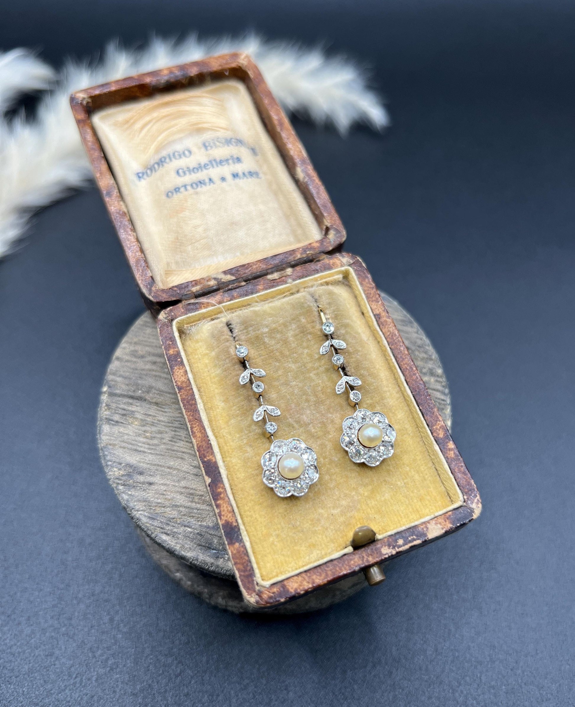 Antique 18ct Gold & Platinum, Edwardian Diamond and Pearl Daisy Drop Earrings