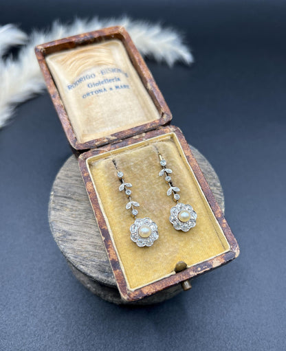 Antique 18ct Gold & Platinum, Edwardian Diamond and Pearl Daisy Drop Earrings