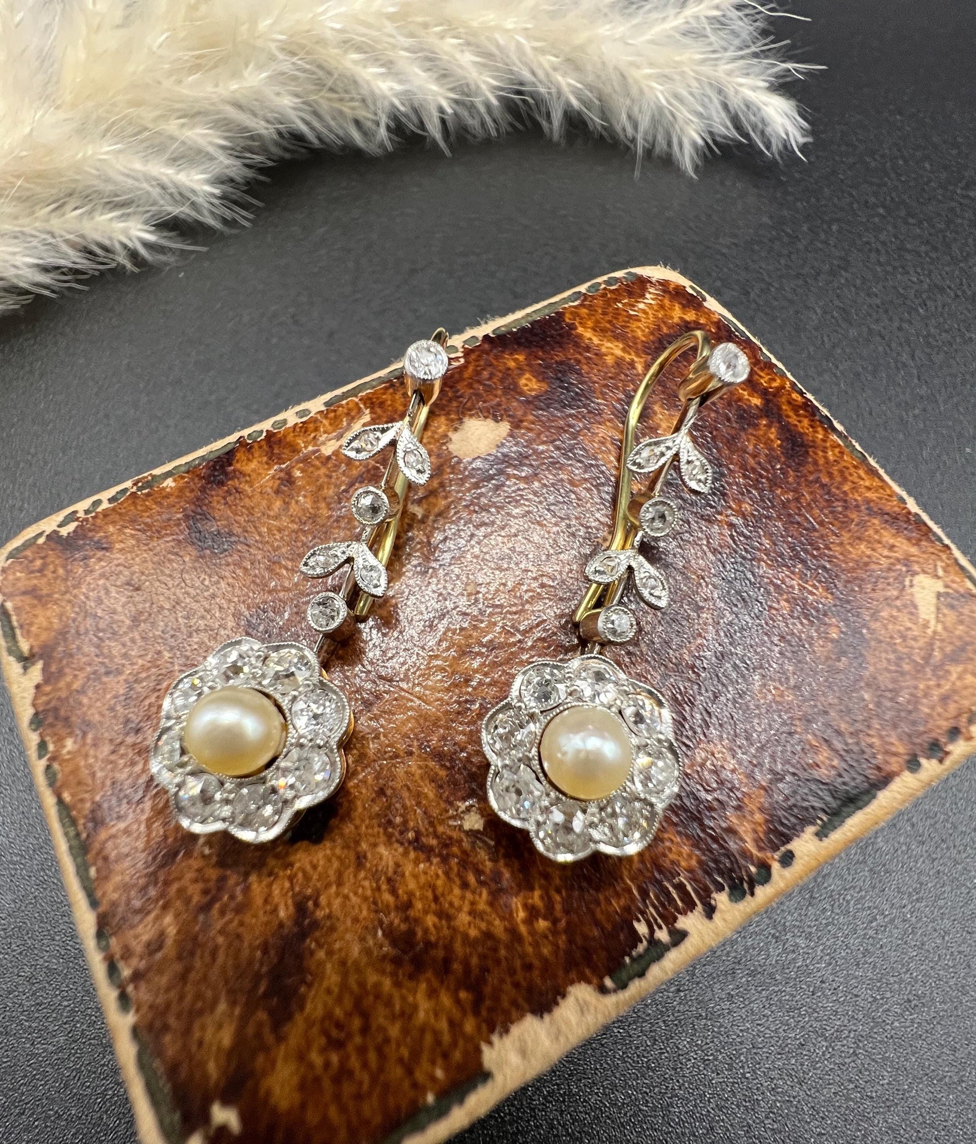 Antique 18ct Gold & Platinum, Edwardian Diamond and Pearl Daisy Drop Earrings