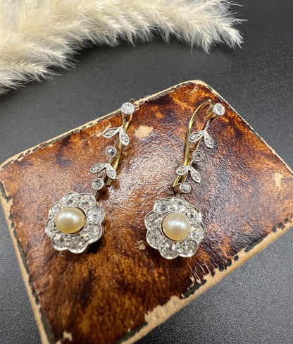 Antique 18ct Gold & Platinum, Edwardian Diamond and Pearl Daisy Drop Earrings