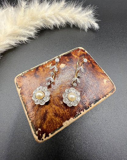 Antique 18ct Gold & Platinum, Edwardian Diamond and Pearl Daisy Drop Earrings
