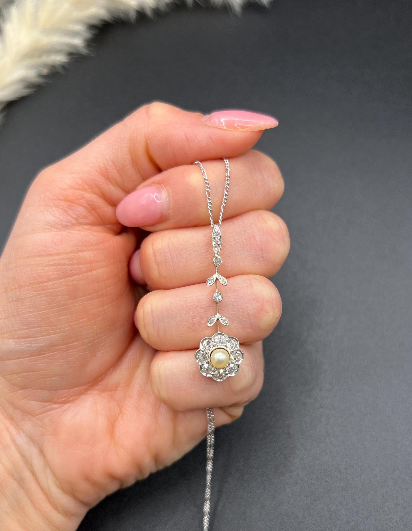 Antique 18ct Gold & Platinum, Edwardian Diamond and Pearl Daisy Pendant Necklace