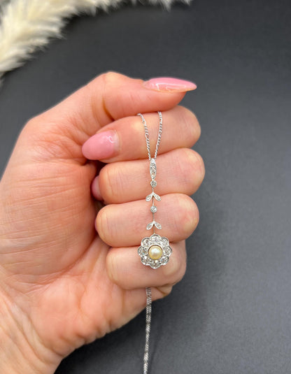 Antique 18ct Gold & Platinum, Edwardian Diamond and Pearl Daisy Pendant Necklace