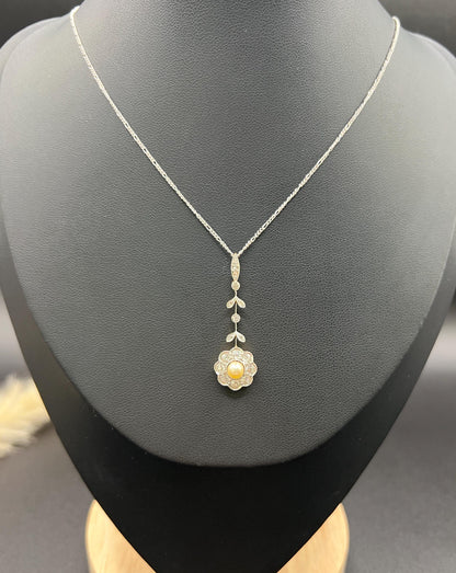 Antique 18ct Gold & Platinum, Edwardian Diamond and Pearl Daisy Pendant Necklace