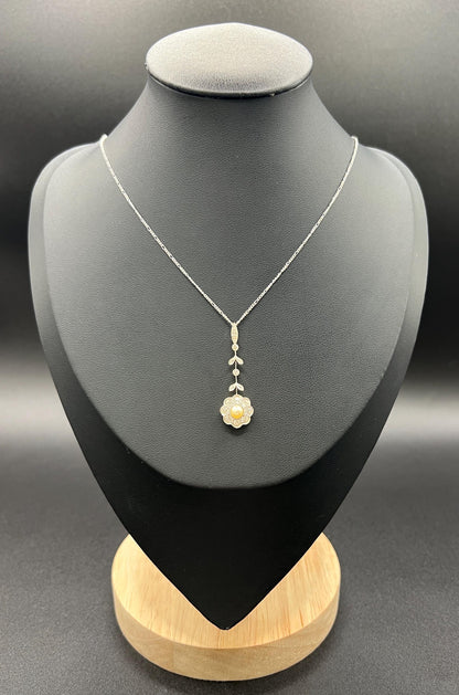Antique 18ct Gold & Platinum, Edwardian Diamond and Pearl Daisy Pendant Necklace