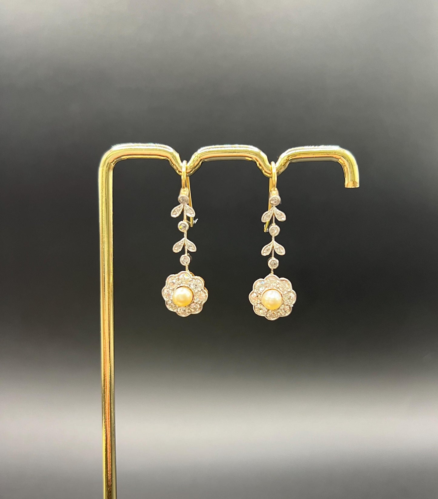 Antique 18ct Gold & Platinum, Edwardian Diamond and Pearl Daisy Drop Earrings