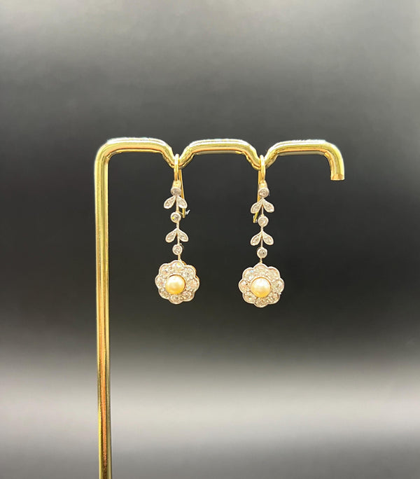 Antique 18ct Gold & Platinum, Edwardian Diamond and Pearl Daisy Drop Earrings