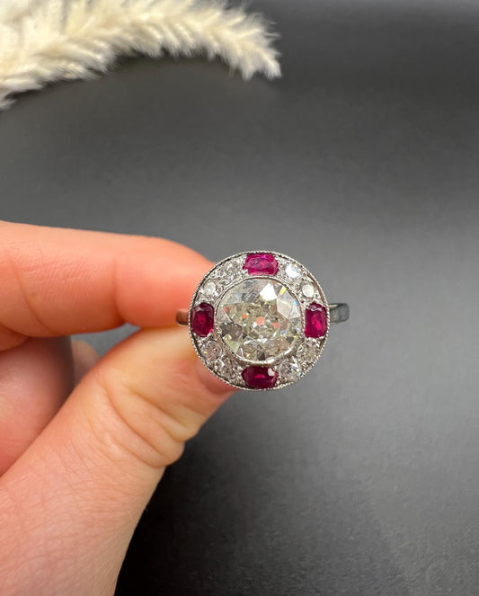 Antique 18ct Gold & Platinum, Original Art Deco Ruby and Diamond Target Ring