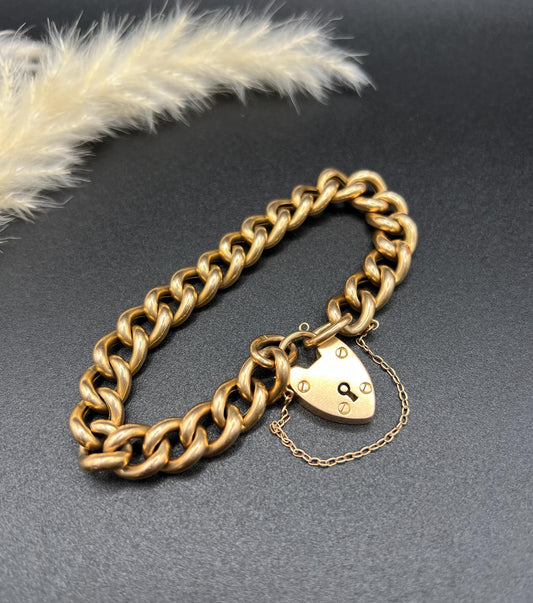 Antique 15ct Yellow Gold Stamped, Victorian Curb Link Bracelet with Heart Padlock Clasp