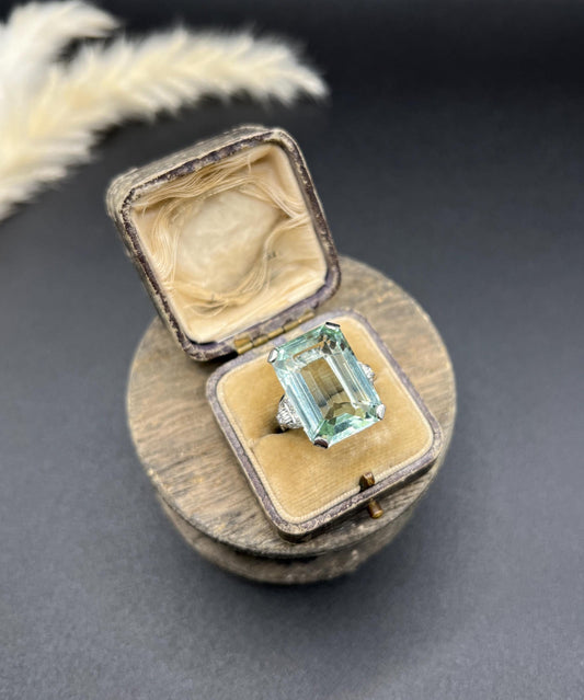 Vintage 18ct White Gold, 1940s Large Aquamarine & Diamond Cocktail Ring