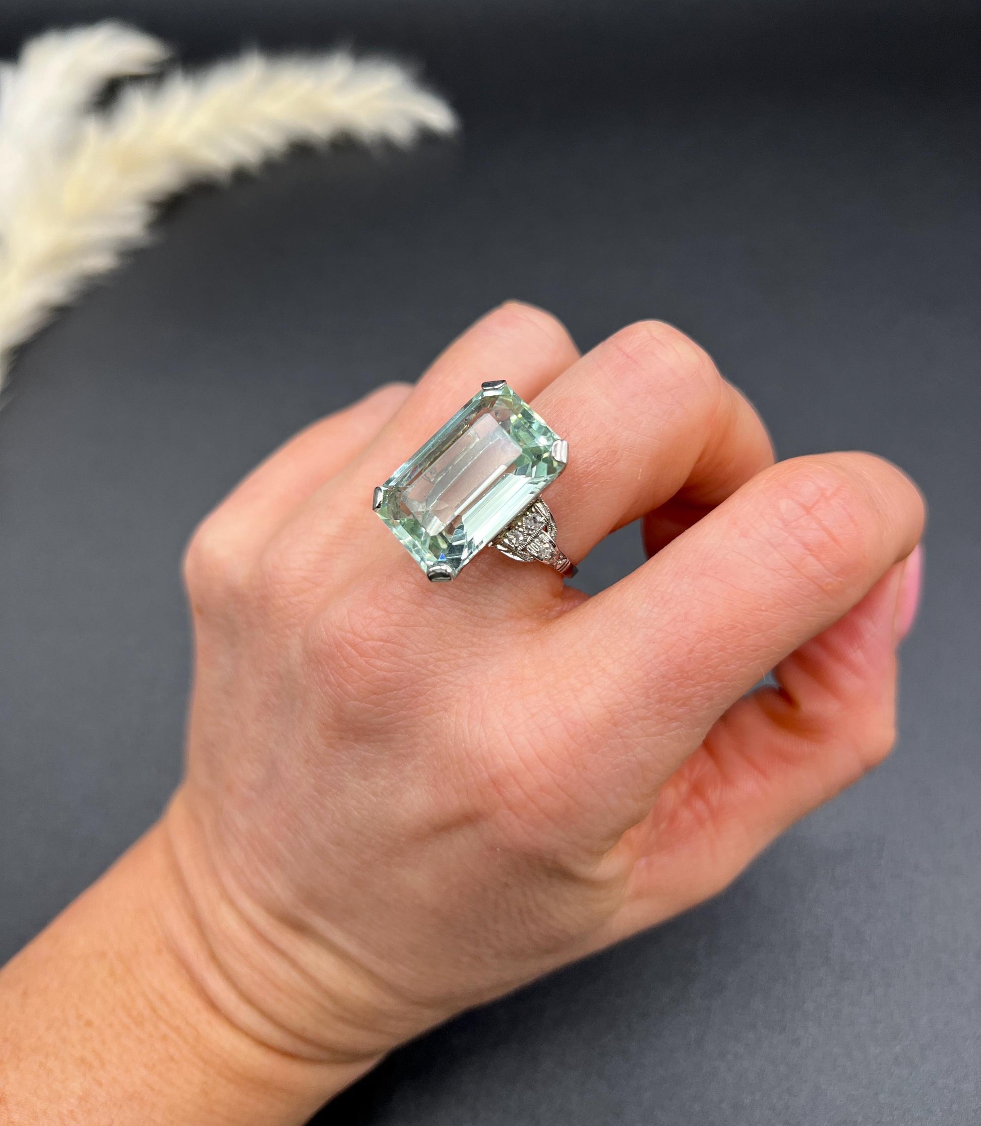 Vintage 18ct White Gold, 1940s Large Aquamarine & Diamond Cocktail Ring