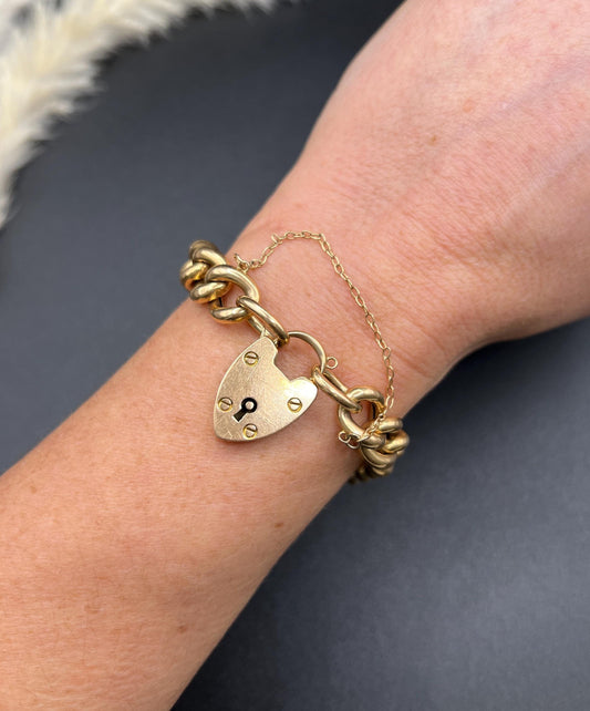 Antique 15ct Yellow Gold Stamped, Victorian Curb Link Bracelet with Heart Padlock Clasp