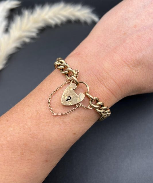 Antique 15ct Yellow Gold, Victorian Curb Link Bracelet with Heart Padlock Clasp, Birmingham 1898
