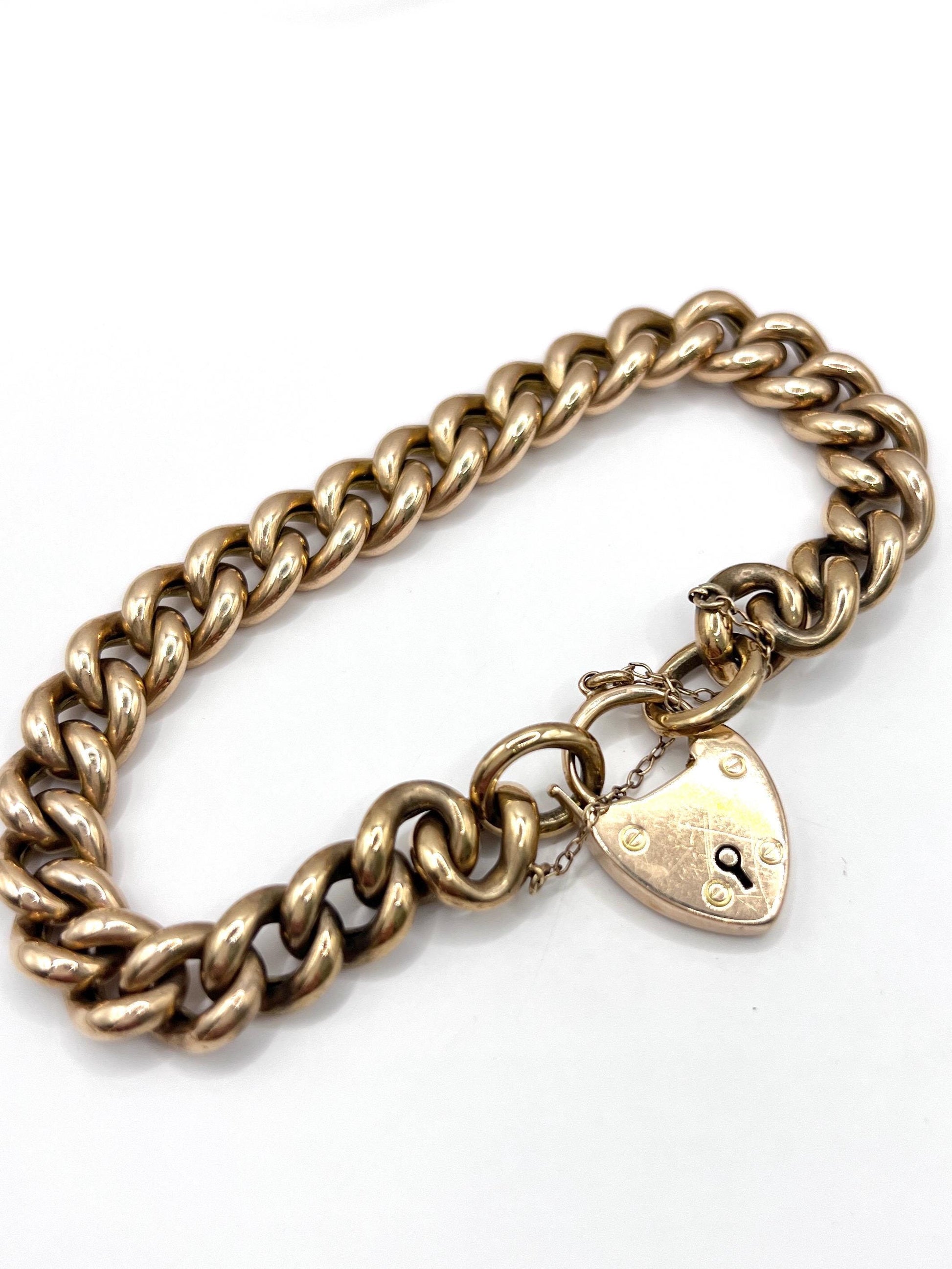Antique 15ct Rose Gold Stamped, Victorian Curb Link Bracelet with Heart Padlock Clasp