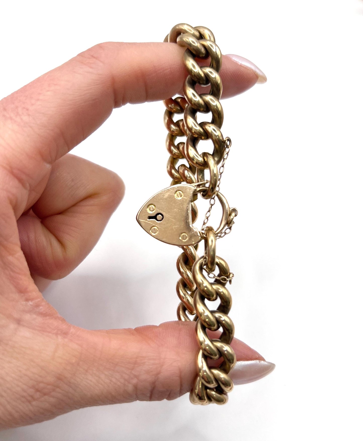 Antique 15ct Rose Gold Stamped, Victorian Curb Link Bracelet with Heart Padlock Clasp