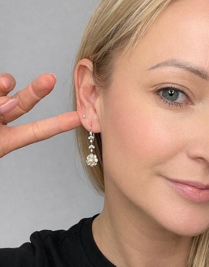 Antique 18ct Gold & Platinum, Edwardian Diamond and Pearl Daisy Drop Earrings