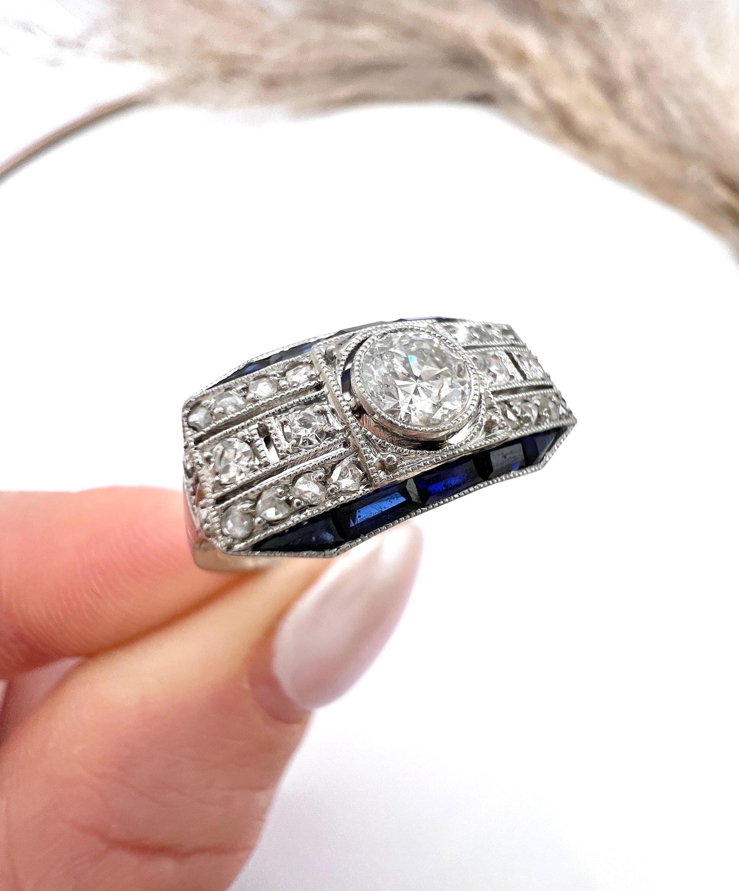 Antique Platinum, 1920s Original Art Deco Sapphire and Diamond Across Finger Ring