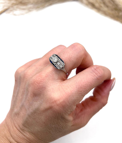 Antique Platinum, 1920s Original Art Deco Sapphire and Diamond Across Finger Ring