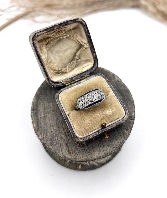 Antique Platinum, 1920s Original Art Deco Sapphire and Diamond Across Finger Ring